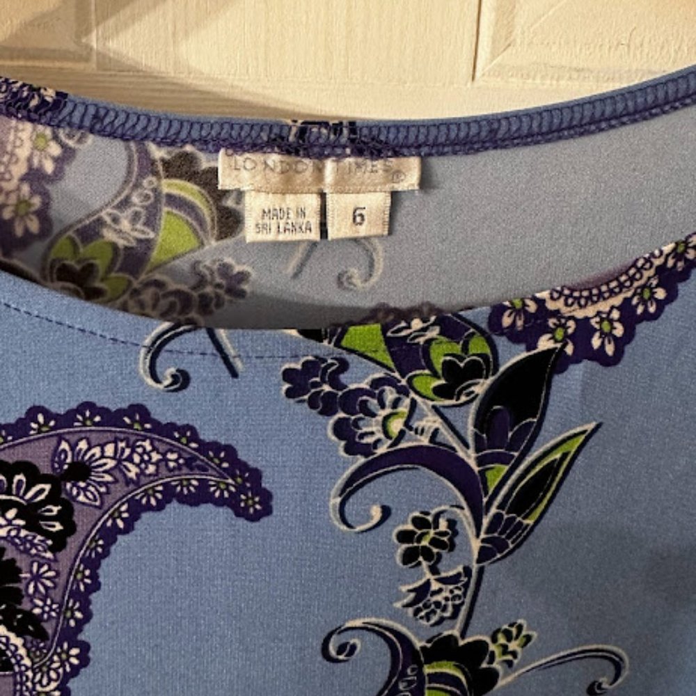 London Times Long-Sleeve Dress~ Size 6~ Blue and Purple with Paisley Print (B8) - Picture 3 of 4